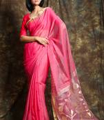 Light pink woven blended cotton saree with blouse