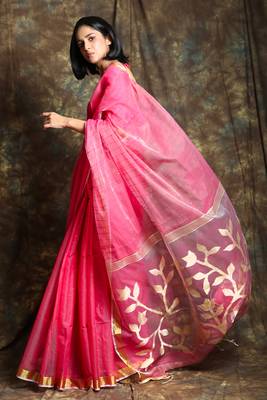 Light pink woven blended cotton saree with blouse 2