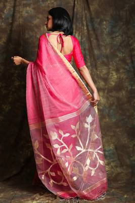 Light pink woven blended cotton saree with blouse 3