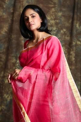 Light pink woven blended cotton saree with blouse 4