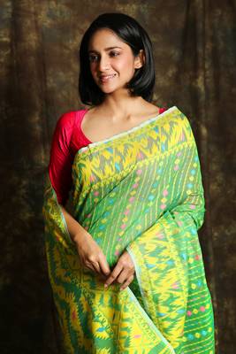 Light Green Woven Blended Cotton Saree Without Blouse 4