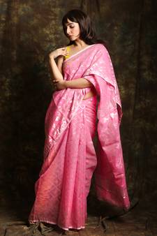 Pink Woven Blended Cotton Saree Without Blouse