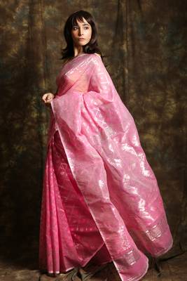 Pink Woven Blended Cotton Saree Without Blouse 2