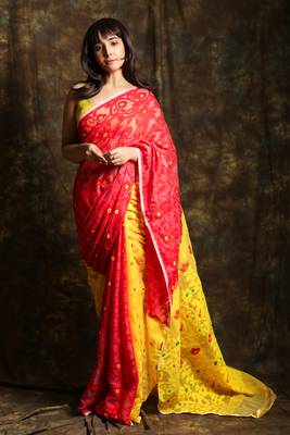 Red woven blended cotton saree  1