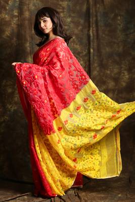 Red woven blended cotton saree  2