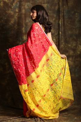 Red woven blended cotton saree  3