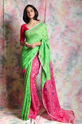 Green Woven Blended Cotton Saree Without Blouse 1