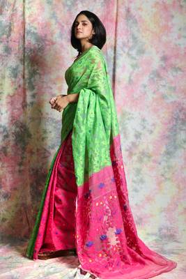 Green Woven Blended Cotton Saree Without Blouse 2