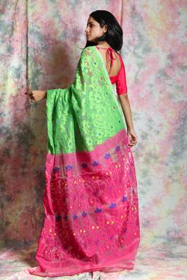 Green Woven Blended Cotton Saree Without Blouse 3