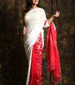 White woven blended cotton saree 