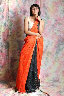 Orange Woven Blended Cotton Saree Without Blouse 1