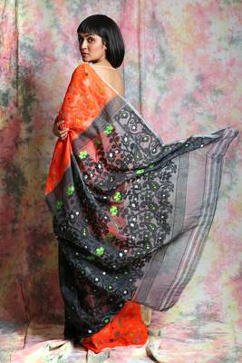 Orange Woven Blended Cotton Saree Without Blouse 3