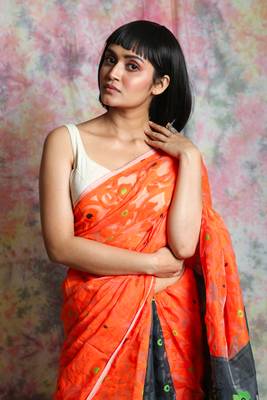 Orange Woven Blended Cotton Saree Without Blouse 4