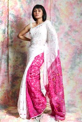 White woven blended cotton saree  1