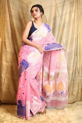 Pink woven blended cotton saree  1