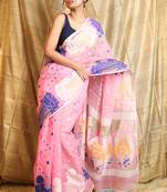 Pink woven blended cotton saree 