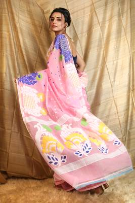 Pink woven blended cotton saree  3