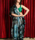 Black woven blended cotton saree with blouse