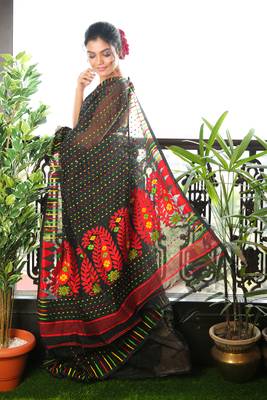 Black Woven Blended Cotton Saree Without Blouse 2