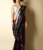 Black woven blended cotton saree with blouse