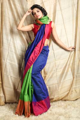 Blue woven blended cotton saree with blouse 1