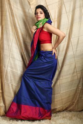 Blue woven blended cotton saree with blouse 2