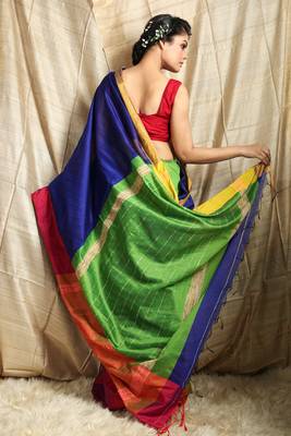 Blue woven blended cotton saree with blouse 3