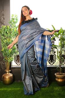 Blue woven blended cotton saree with blouse