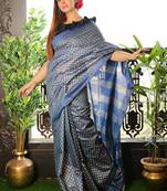 Blue woven blended cotton saree with blouse