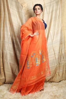 Peach woven blended cotton saree  2