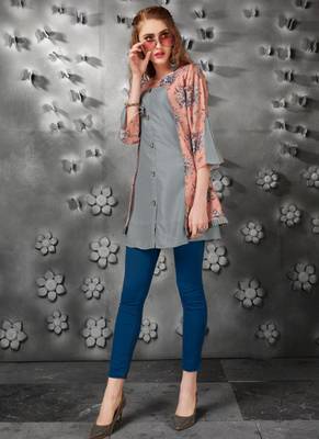Grey embroidered art silk short-kurtis 1