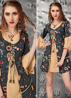 Beige embroidered art silk short-kurtis 2