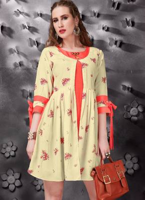 Cream embroidered art silk short-kurtis 2