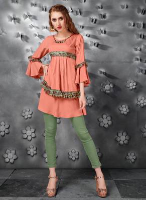 Peach embroidered art silk short-kurtis 1