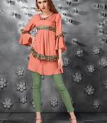 Peach embroidered art silk short-kurtis