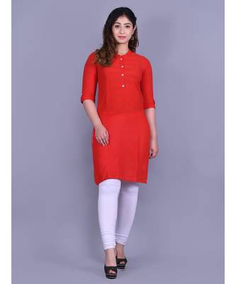 Red Cotton 3/4th Sleeves Solid Womens Kurta 1