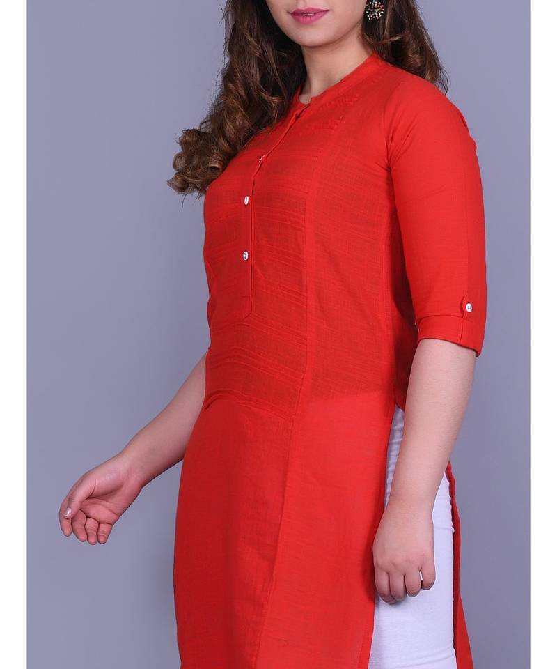 Red Cotton 3/4th Sleeves Solid Womens Kurta
