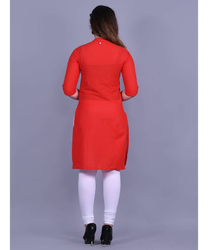 Red Cotton 3/4th Sleeves Solid Womens Kurta