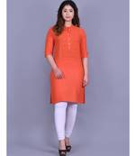 Orange Cotton 3/4th Sleeves Solid Womens Kurta