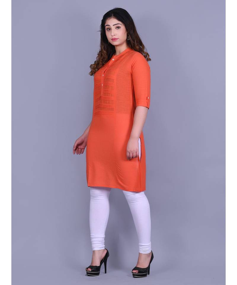 Orange Cotton 3/4th Sleeves Solid Womens Kurta