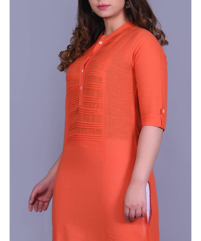 Orange Cotton 3/4th Sleeves Solid Womens Kurta