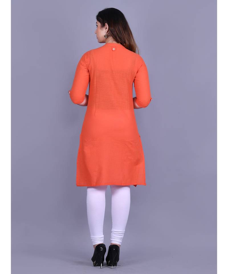 Orange Cotton 3/4th Sleeves Solid Womens Kurta
