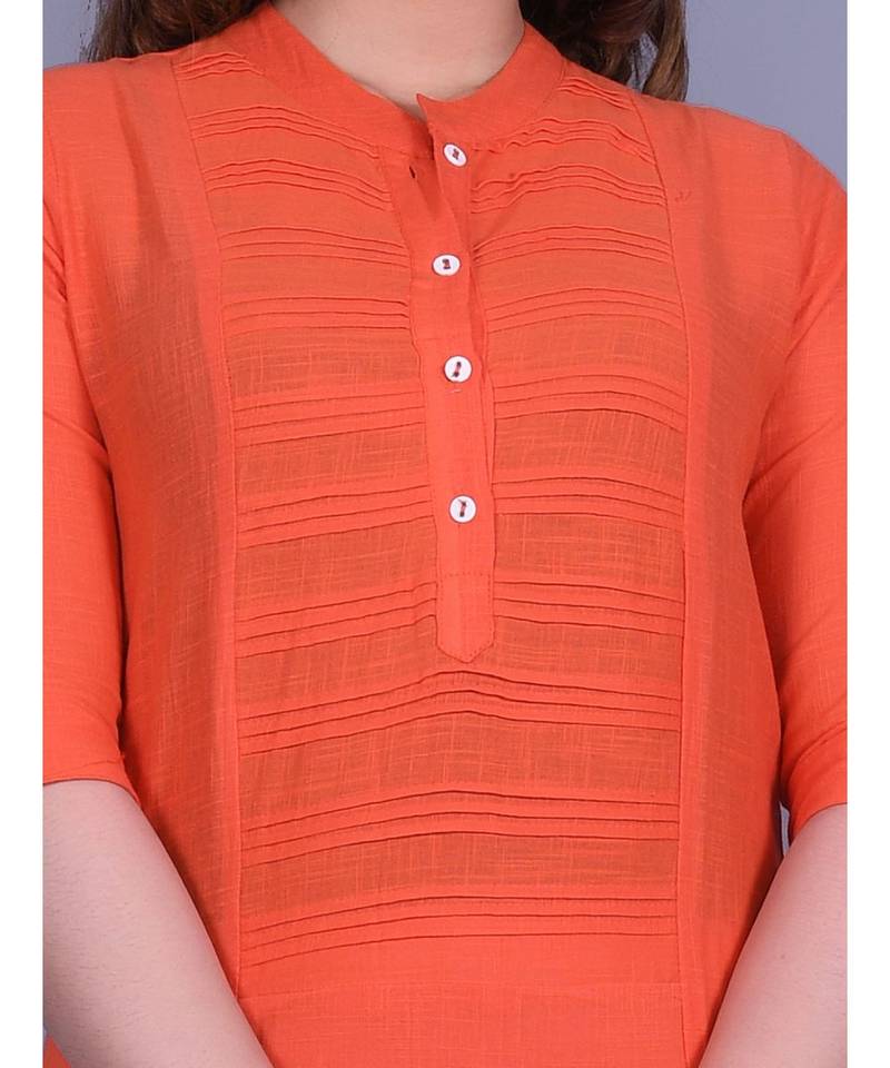 Orange Cotton 3/4th Sleeves Solid Womens Kurta