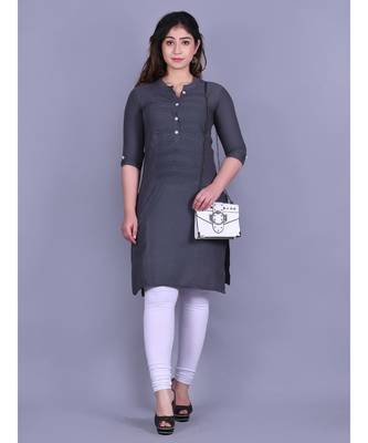 Grey Cotton 3/4th Sleeves Solid Womens Kurta 1