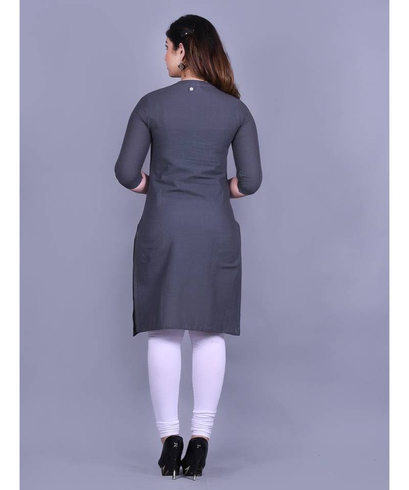Grey Cotton 3/4th Sleeves Solid Womens Kurta