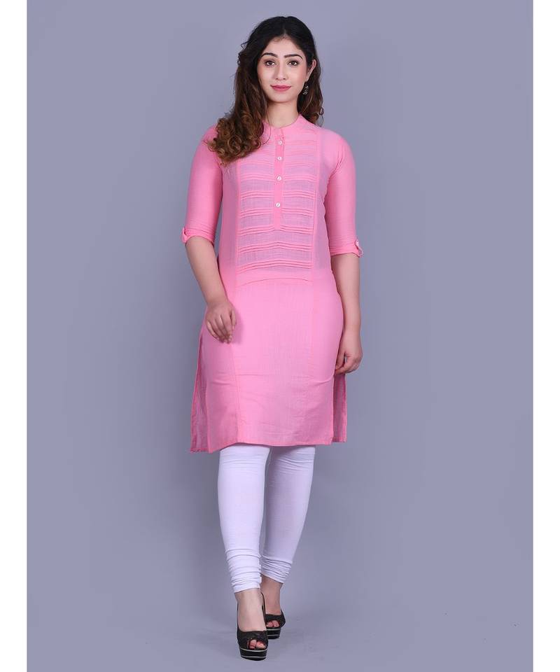 Baby Pink Cotton 3/4th Sleeves Solid Womens Kurta