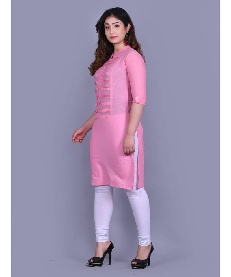 Baby Pink Cotton 3/4th Sleeves Solid Womens Kurta