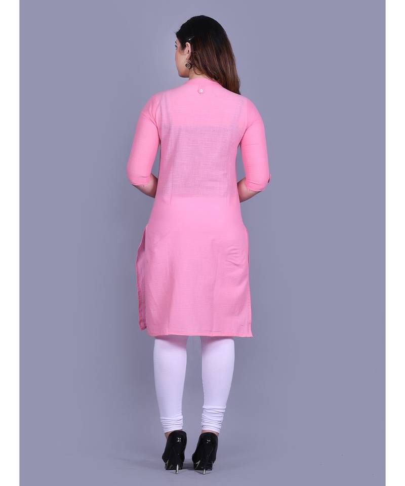 Baby Pink Cotton 3/4th Sleeves Solid Womens Kurta