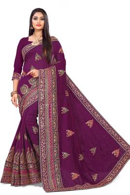 Purple embroidered silk saree with blouse 1