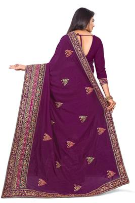 Purple embroidered silk saree with blouse 3